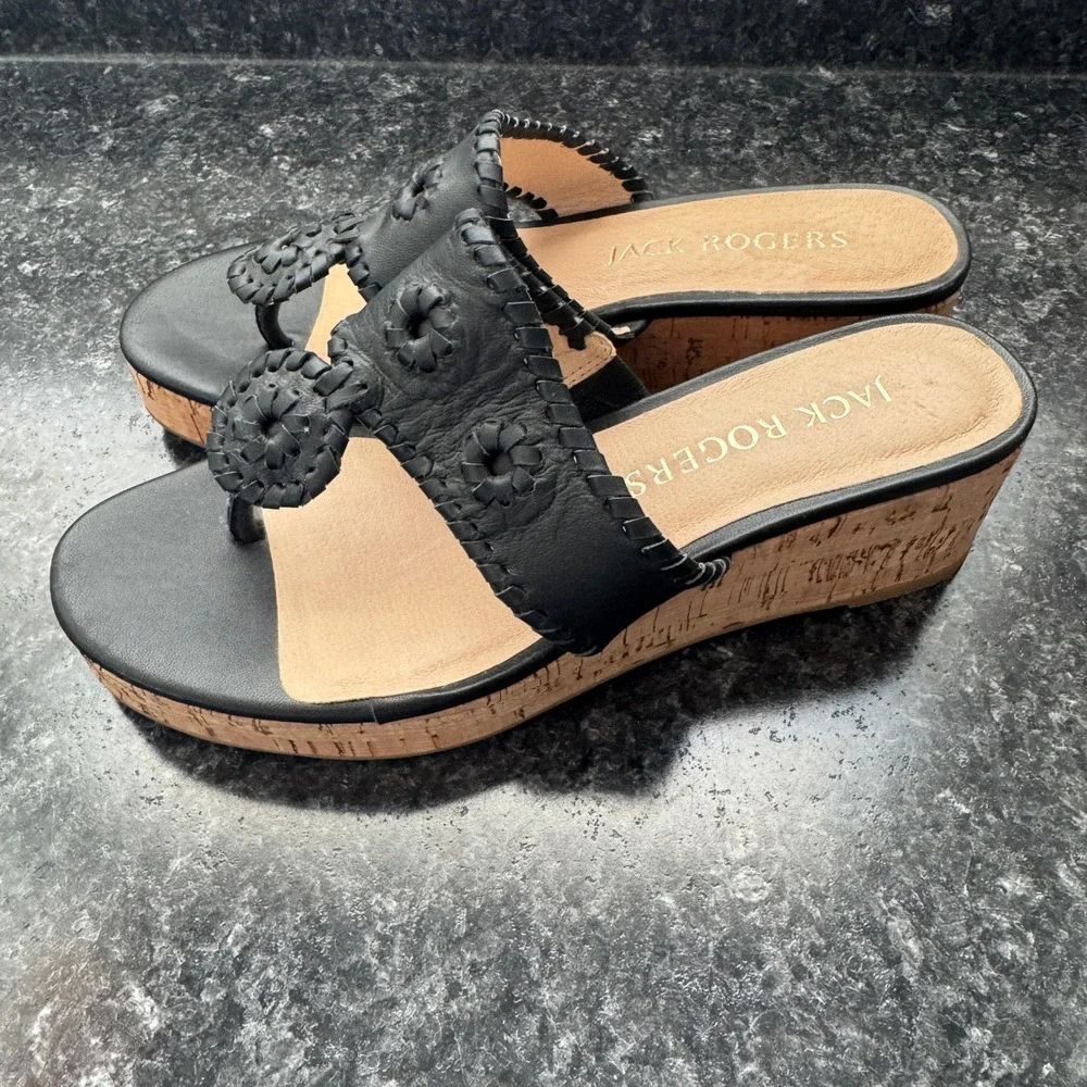 Jack Rogers Mid Wedge Cork Thong Sandals Women's Size 7 Woven Black Classic
